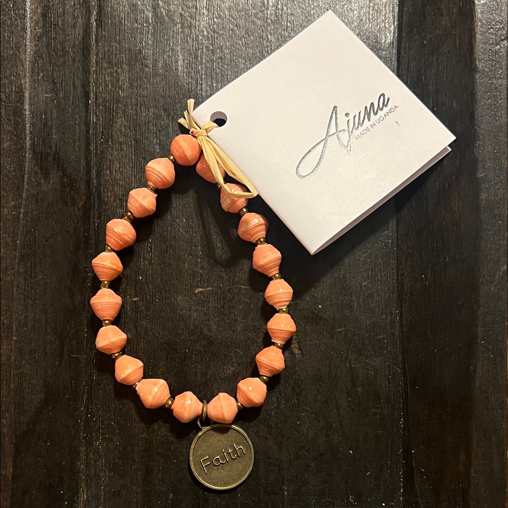 Ajuna 'Faith' Charm Paper Beaded Bracelet - Coral Peach